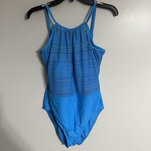 Women's Ellen Tracy Crochet Detail Tummy Control One Piece Swimsuit Blue Size 12